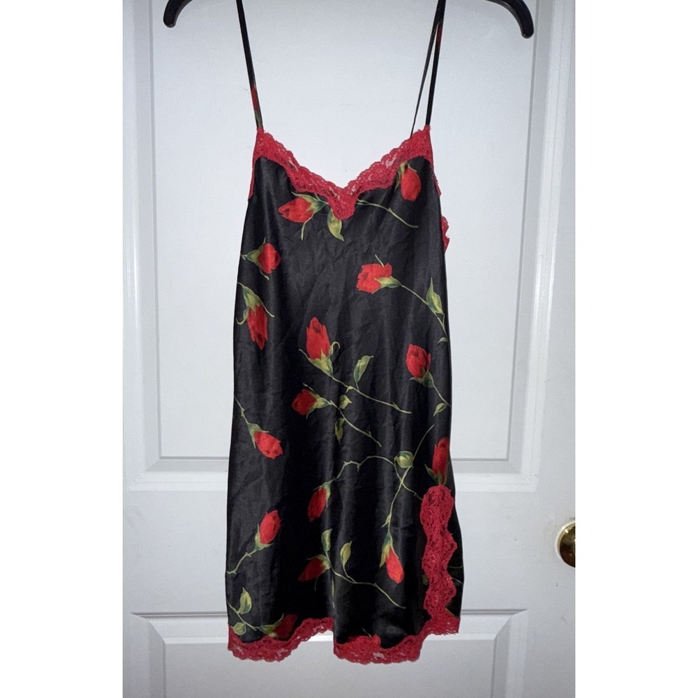 Victorias Secret Women's Slip Dress Black W/Red Flowers/Lace Size XS